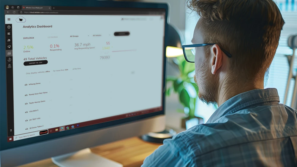 image of data specialist analyzing data using Whelen Cloud Platform analytics dashboard