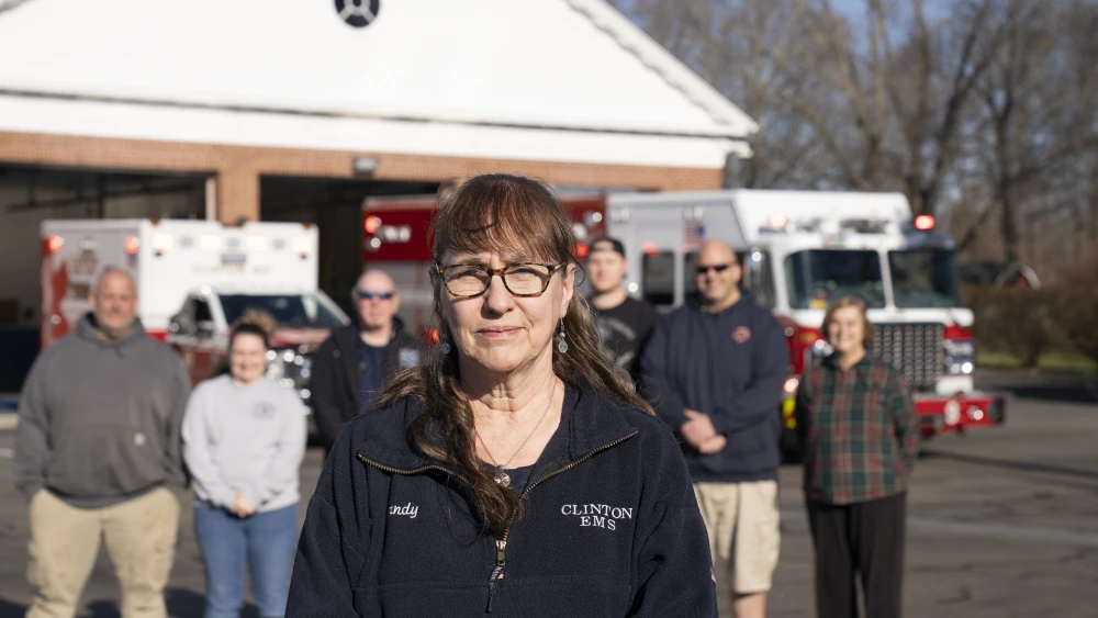 Sandy Voss, Whelen 2023 Everyday Champion award winner, with her Clinton, CT, EMS and fire crew colleagues