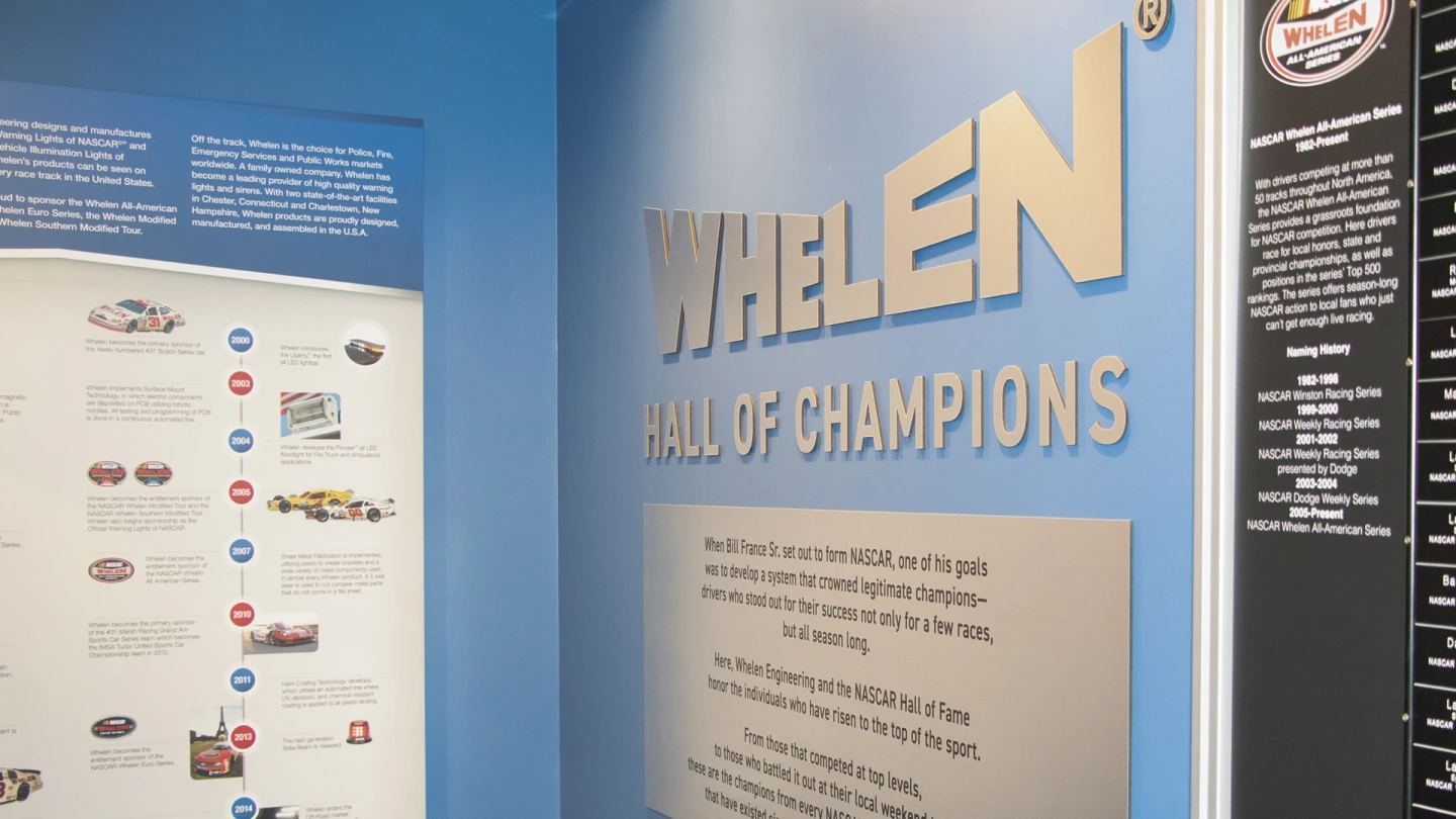 image of Whelen Hall of Champions exhibit at the NASCAR Hall of Fame in Charlotte, North Carolina