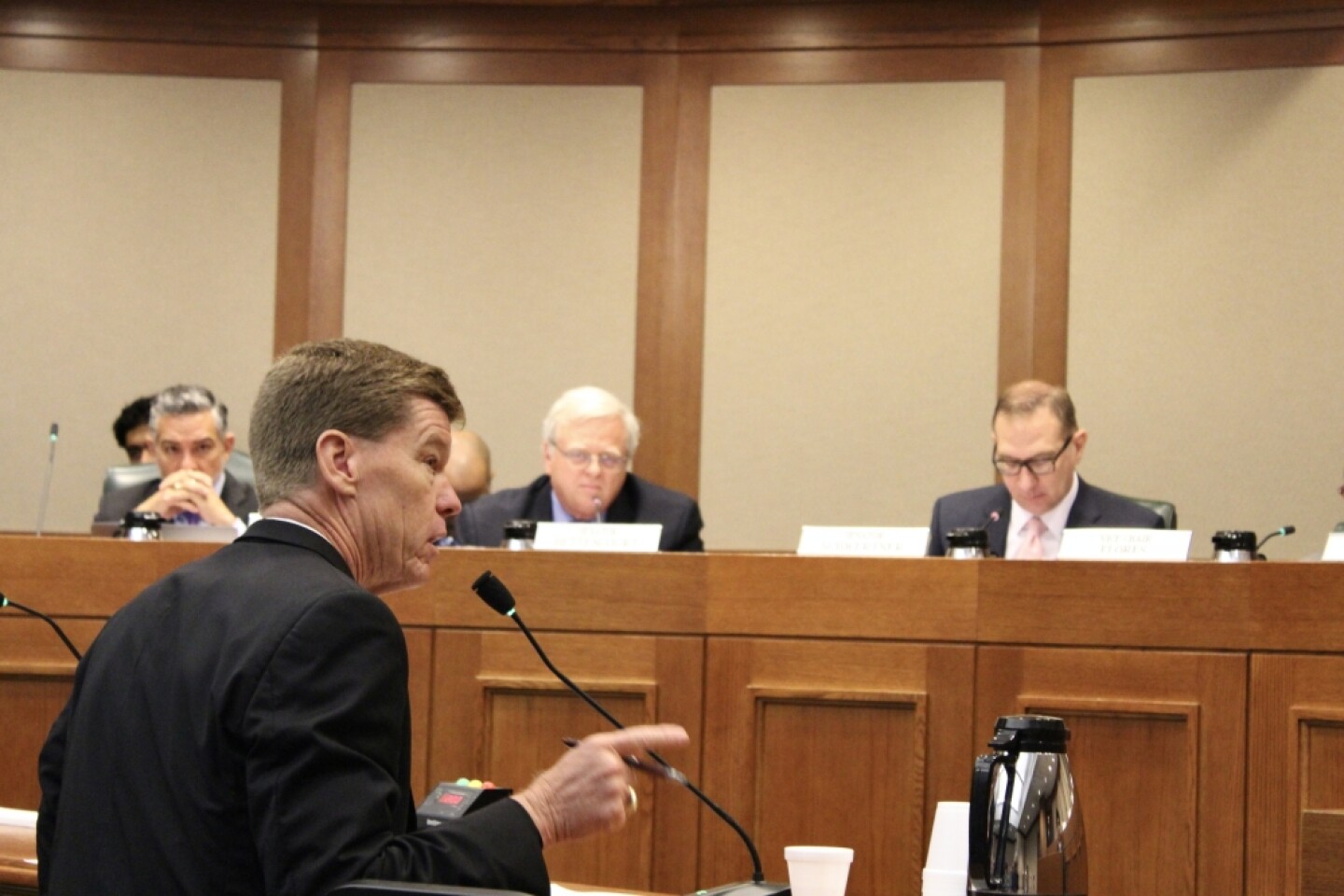 Texas Division of Emergency Management Chief Nim Kidd speaks to state senators during an Aug. 8 committee hearing on flood-related legislation. (Hannah Norton/Community Impact)