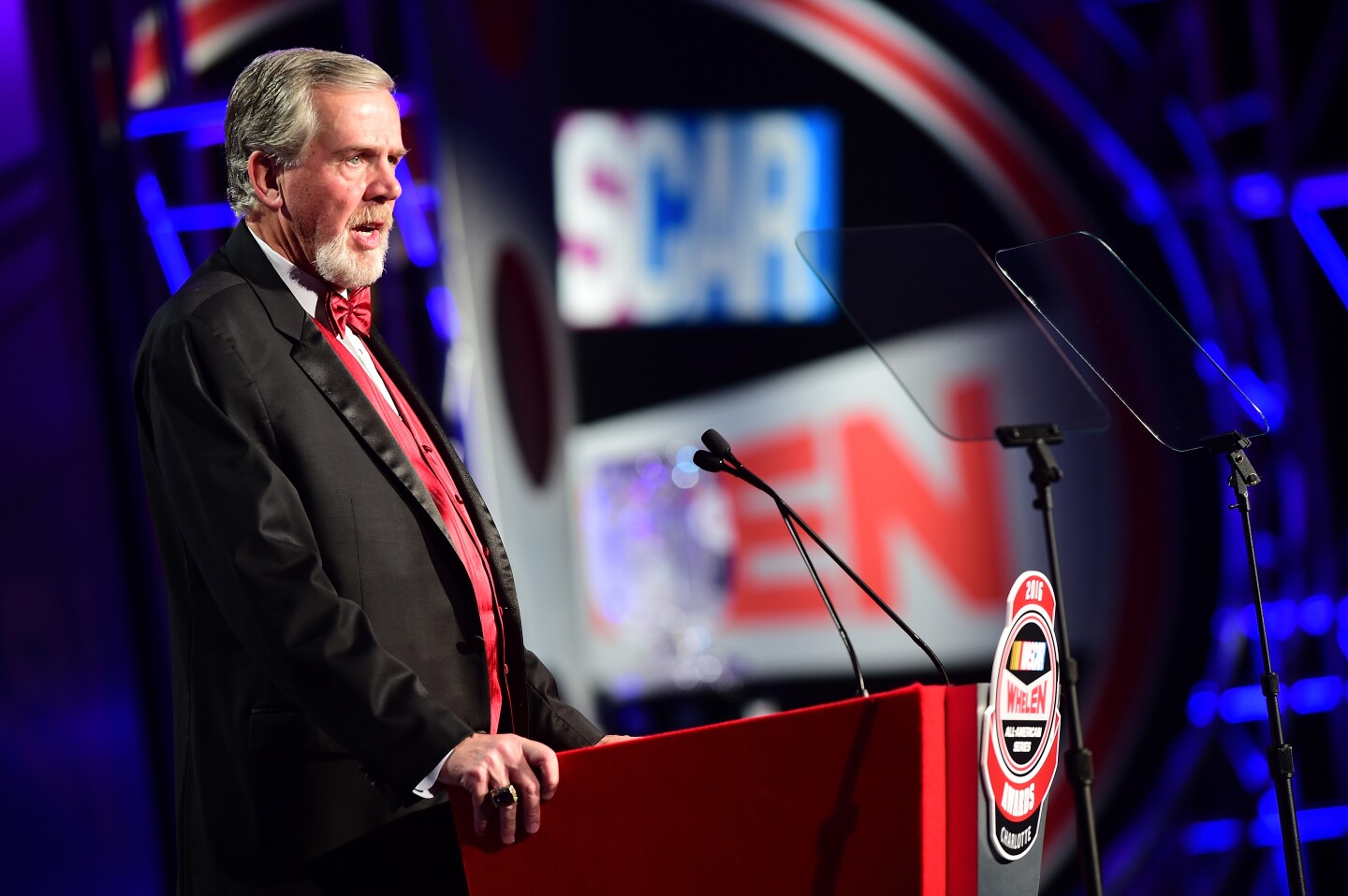 CHARLOTTE, NC - DECEMBER 09: Phil Kurze, Vice President of Whelen Engineering, speaks onstage during the NASCAR Whelen All-American Series Awards in the Charlotte Convention Center at the NASCAR Hall of Fame on December 9, 2016 in Charlotte, North Carolina. (Photo by Jared C. Tilton/NASCAR via Getty Images) *** Local Caption *** Phil Kurze