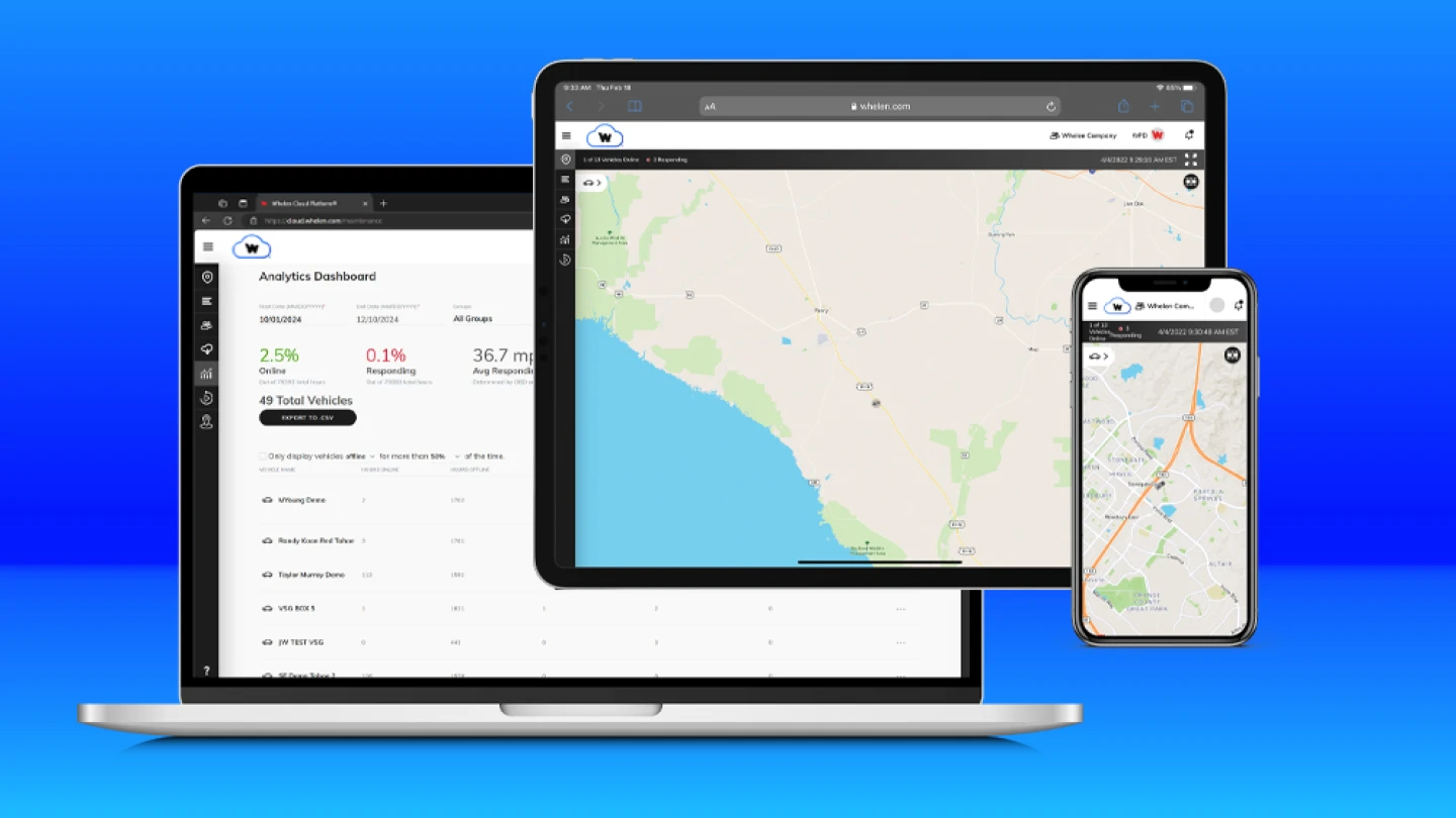 composite graphic showing maps and analytics dashboard for the Whelen Cloud Platform in different device types